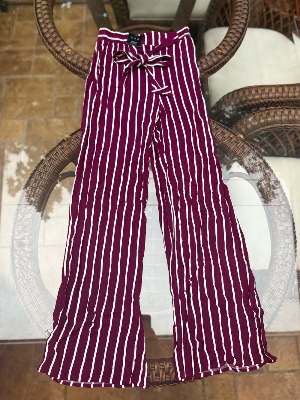 Striped Tie-Waist Wide-Leg Pants - Burgundy